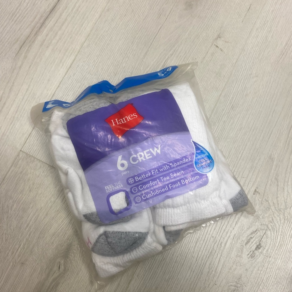 Hanes White Crew Athletic Socks with Gray Accents - 6 Pack